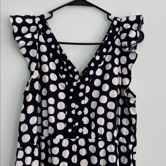 LOFT Maxi Dress size large navy blue and white polka dots tiered flutter sleeve - Picture 3 of 14